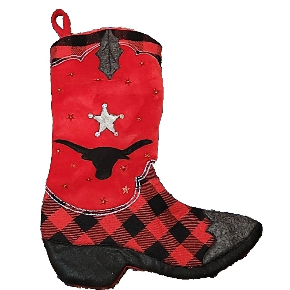 Western Cowboy Boot Christmas Stocking 16" Red Plaid